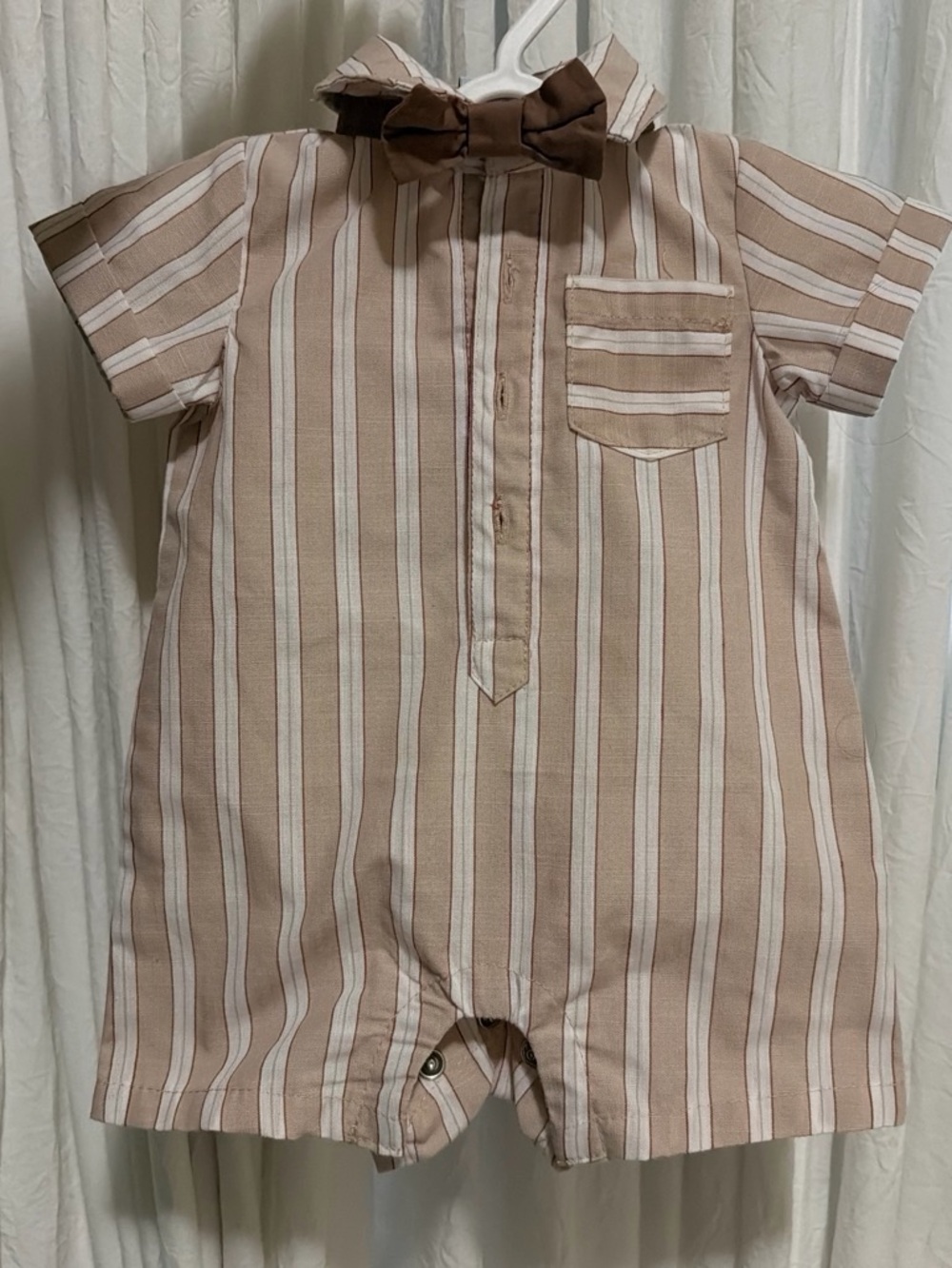 Striped Beige & White Baby Romper with Bow